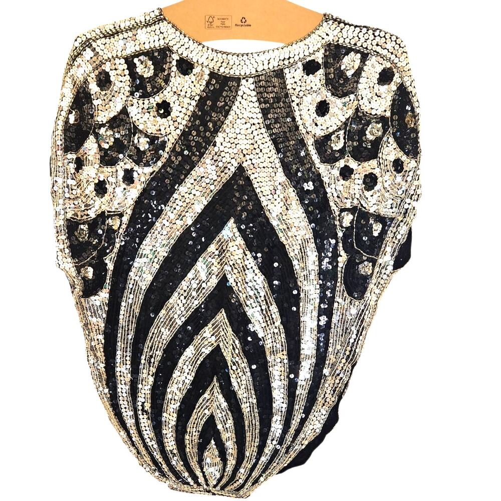 Vintage Sequin Black Silver Disco Art Deco Peacock V Neck Blouse Top Shirt - Picture 4 of 9